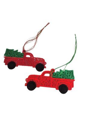 Embroidered Red Truck Christmas Ornaments Set Of 2 Handmade
